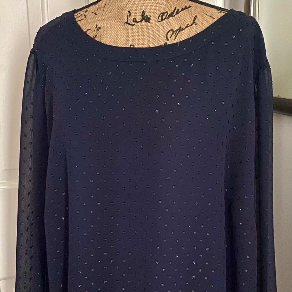 Navy Blouse with Flounce and Sequins. Long-sleeve Evening Wear. 26 Plus